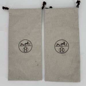 Hermes Set of 2 Herringbone Canvas Drawstring Dust Bags Beige Small Narrow